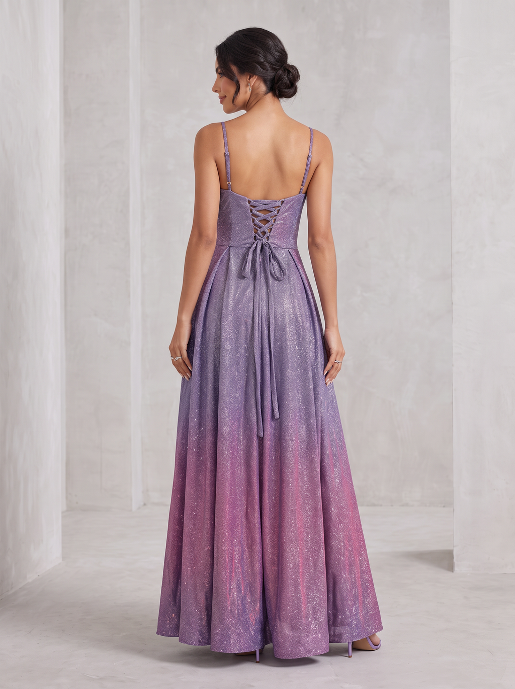 Vestido Glitter Corsé Degradé lila - espalda con corsé de cordones
