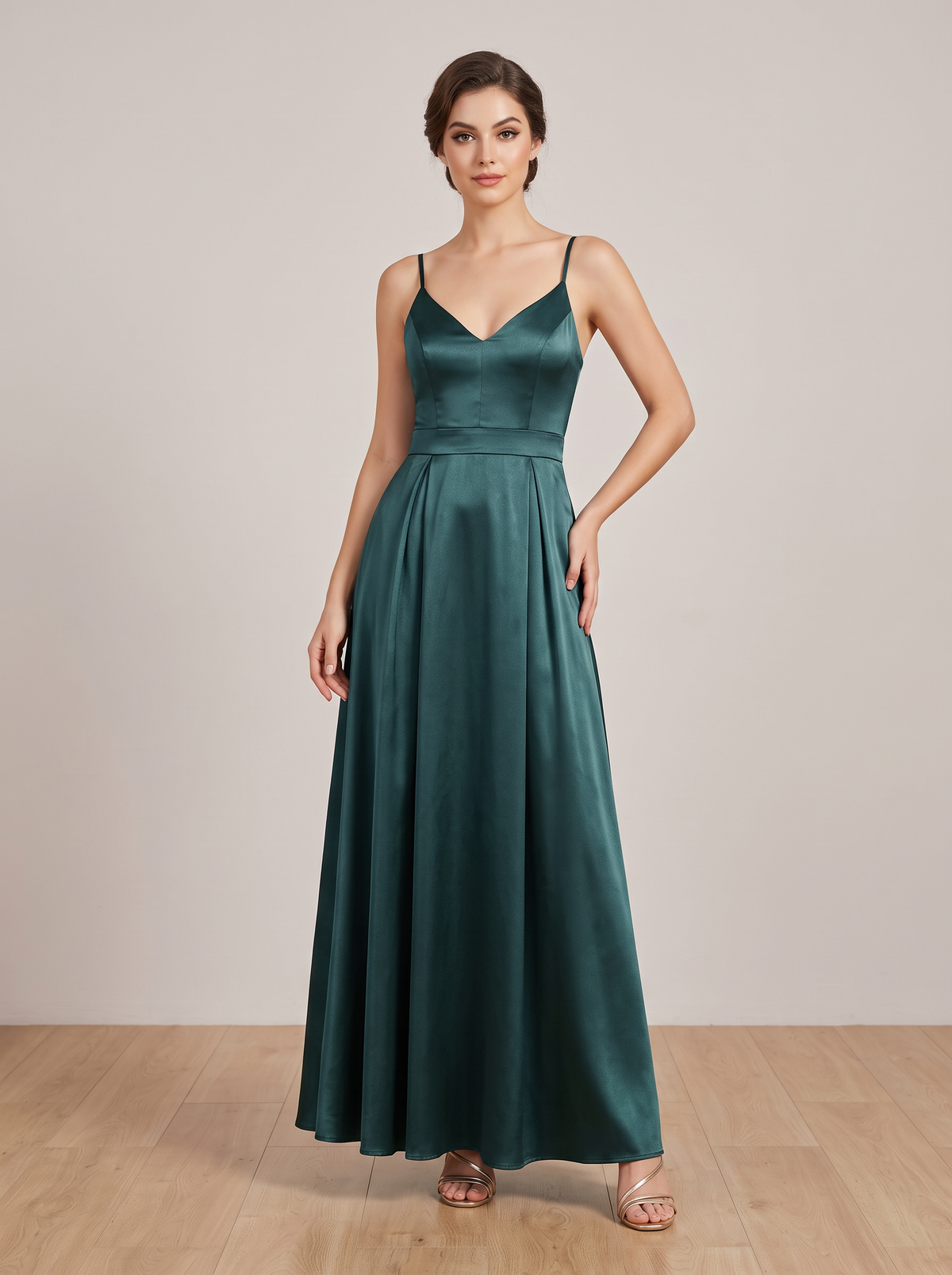 Vestido Satén Escote V verde esmeralda oscuro - vista frontal