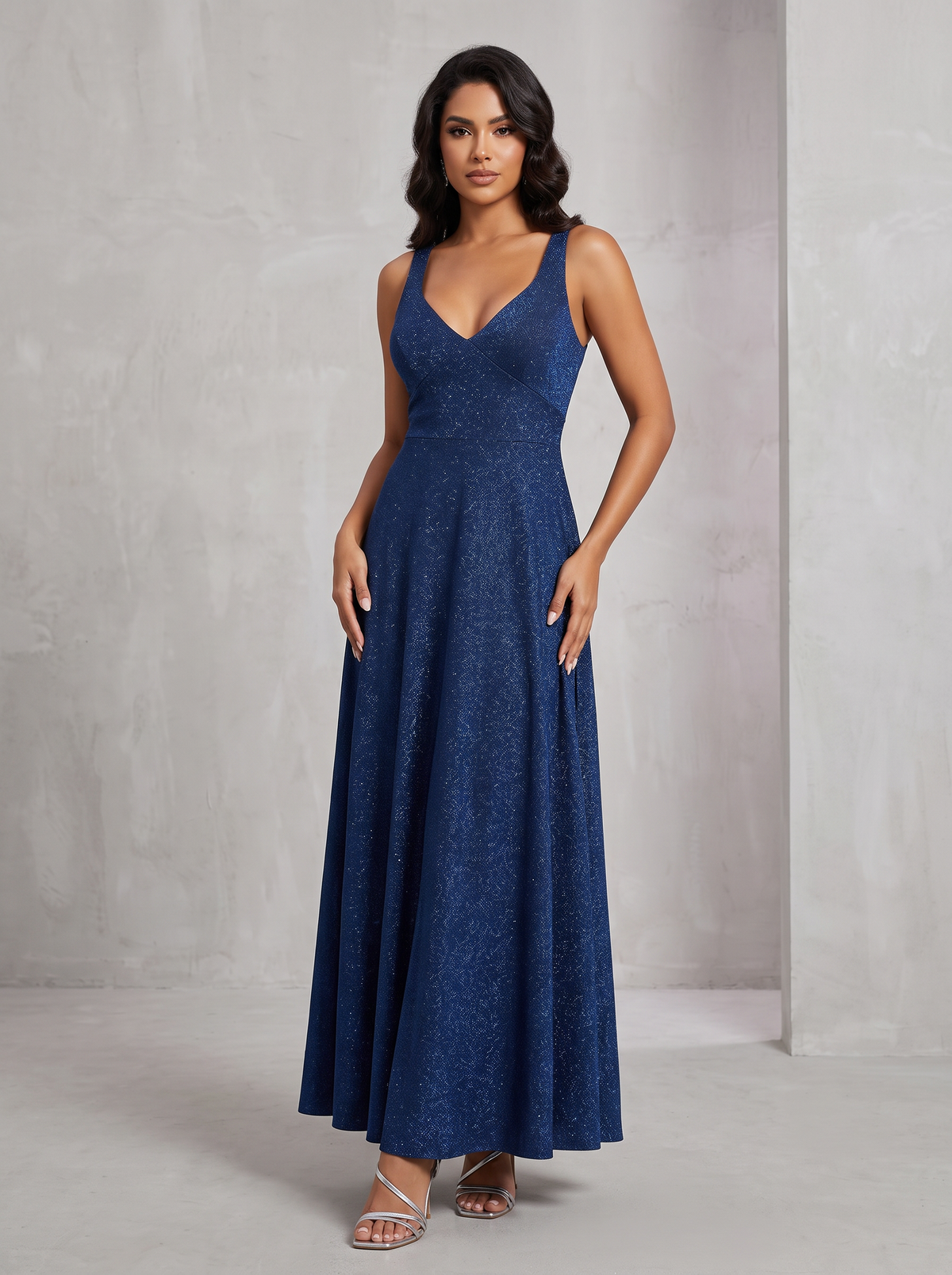 Vestido Glitter Tirantes Anchos azul marino - vista frontal