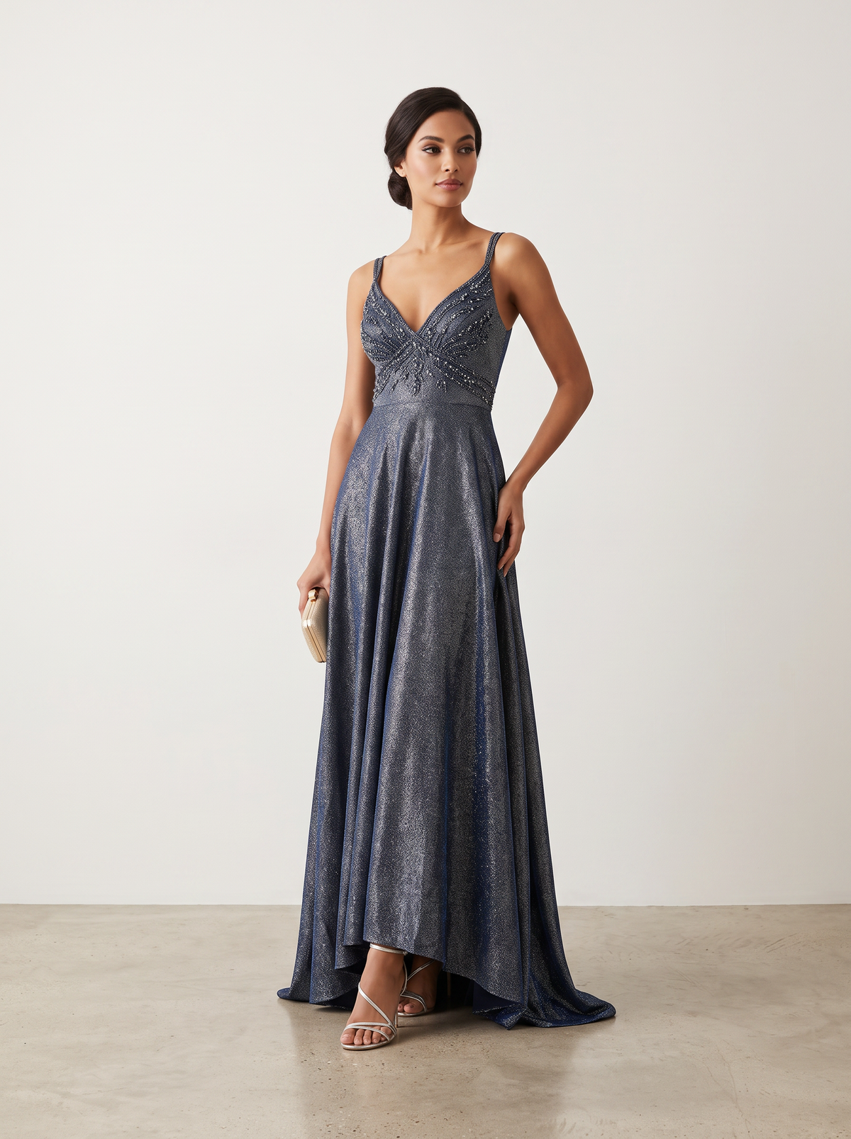 Vestido Glitter Pedrería azul noche metalizado - vista frontal