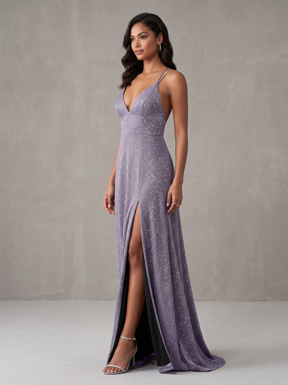 Vestido Glitter Tirantes Cruzados lavanda - vista frontal con abertura