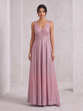 Vestido Glitter Cinturón Plisado rosa iridiscente - vista frontal