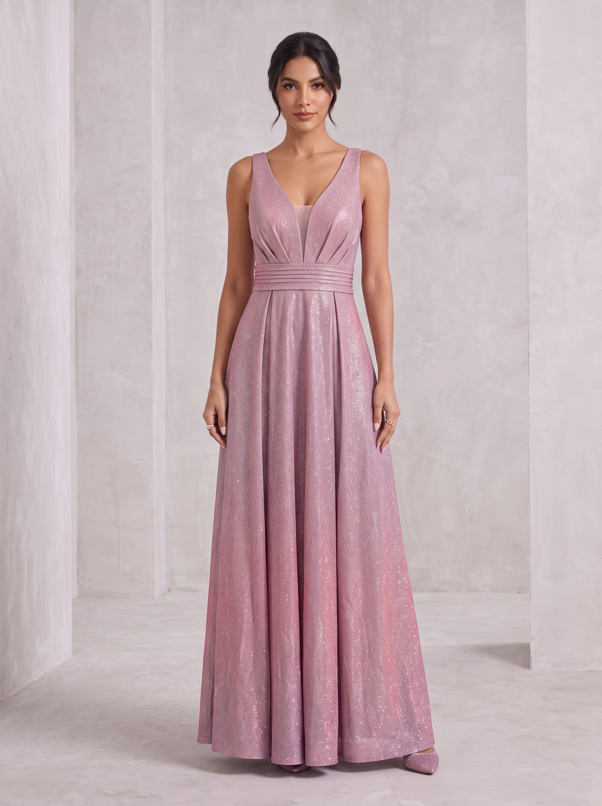 Vestido Glitter Cinturón Plisado rosa iridiscente - vista frontal