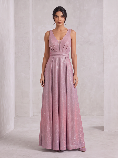 Vestido Glitter Cinturón Plisado rosa iridiscente - vista frontal