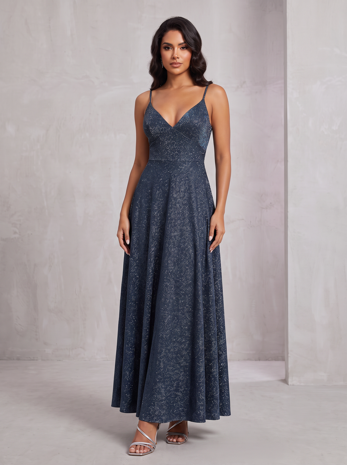 Vestido Glitter Escote Cruzado azul marino - vista frontal