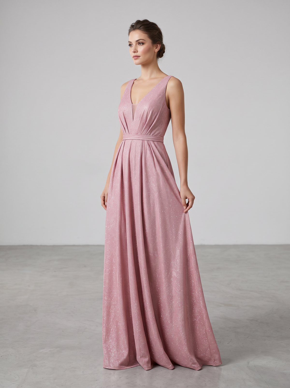 Vestido Glitter Escote Profundo rosa palo - vista frontal