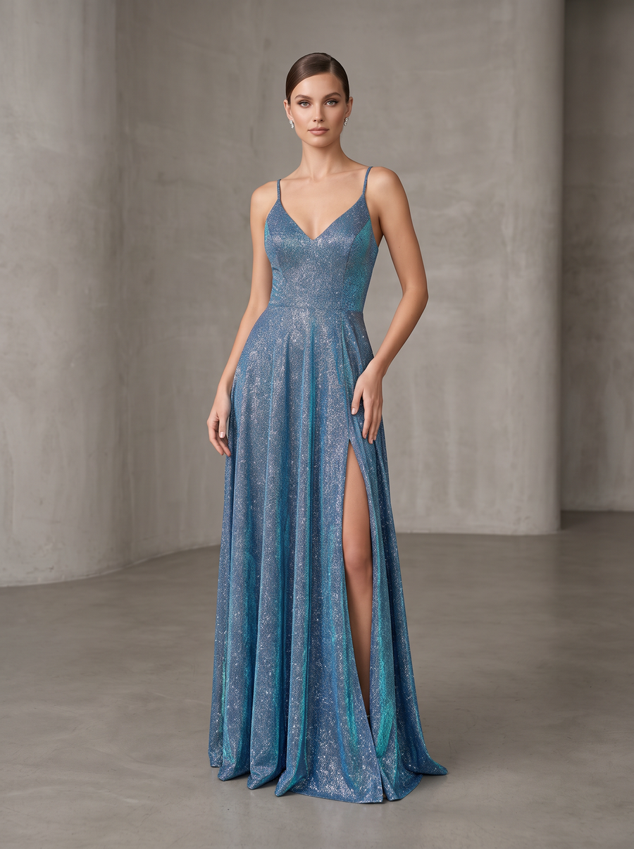 Vestido Glitter Iridiscente azul - vista frontal con abertura lateral