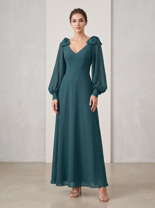 Vestido Gasa con Lazos verde esmeralda oscuro - vista frontal con lazos en los hombros